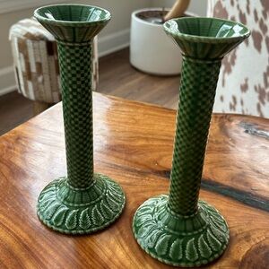 2 Candlesticks Portugal  Bordallollo Pinheiro -checkerboard pattern 1970-80s